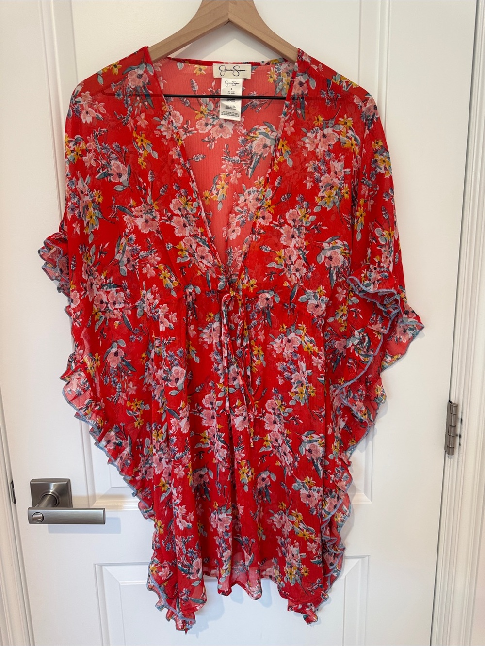 Jessica Simpson Red Floral Tie-Front Ruffle Tunic